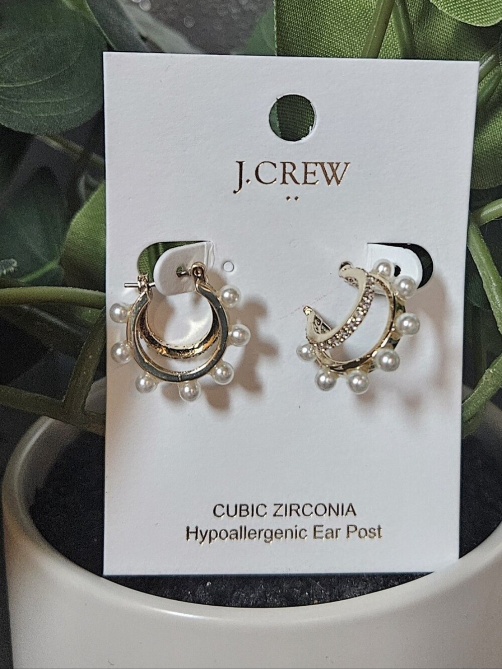 J.Crew nwt Mini pearl and pavé double-hoop Gold Earrings with Pearl Drops and a - Picture 1 of 11